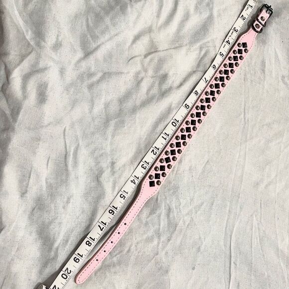 PINK BLACK STUDDED DOG COLLAR LEATHER W BITE RESISTANT RIVETS ADJUSTABLE BUCKLE - Picture 7 of 8
